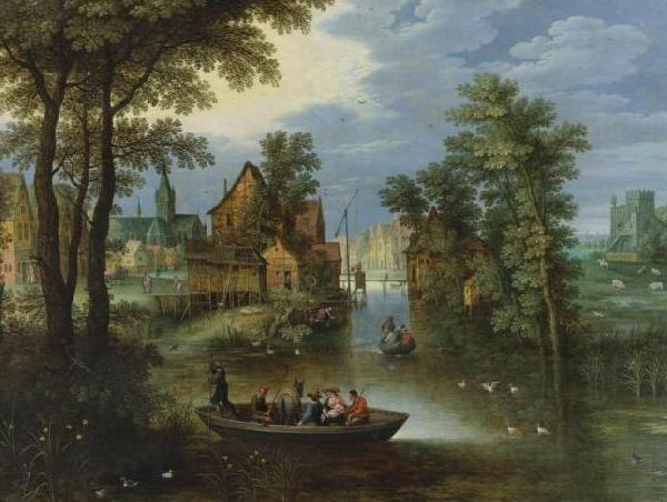 Marten Rijckaert River landscape with religious theme Flight into Egypt oil painting image